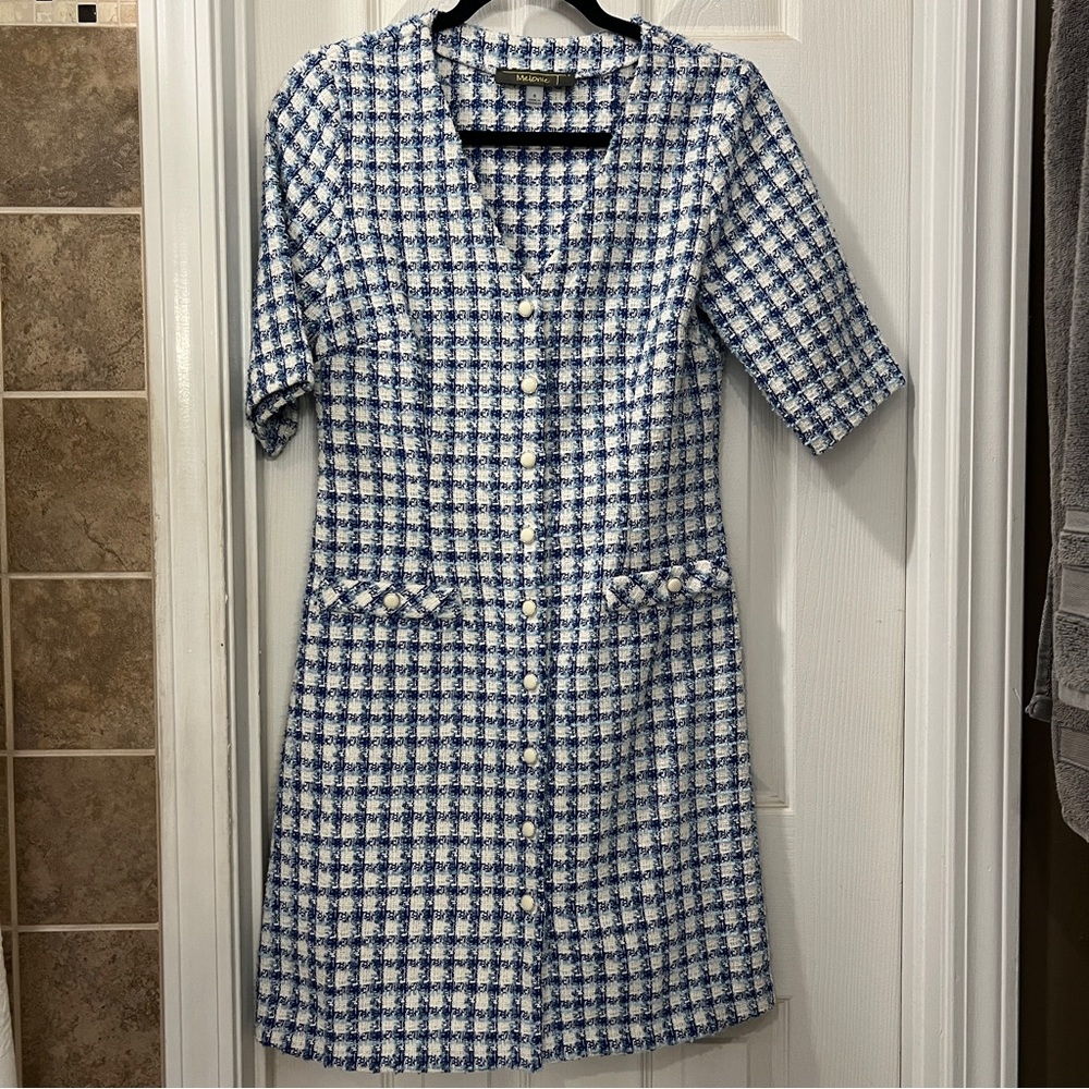 Melonie T Tweed Dress Womens Size 6 Blue White Pattern Button Front